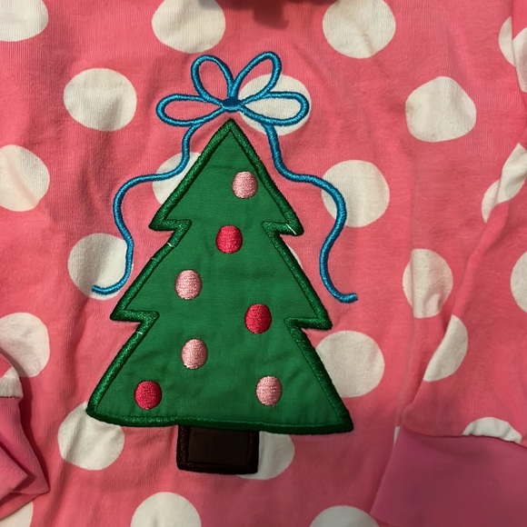 Smocked Auctions, pink and white polka dot Christmas tree pajamas, 12 month - Picture 3 of 3